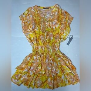 Tart Orange, Yellow, White Tiered Ruffle Kallie Sunset Cloud Dress Size Small